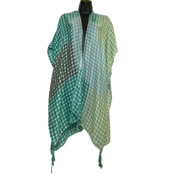 Green & White Gingham Check Lightweight Open Kimono Tassels Beach  Plaid Boho - Picture 1 of 6